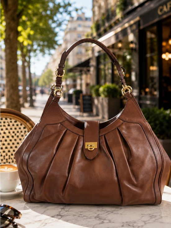 Salvatore Ferragamo Handbags - Salvatore Ferragamo Gancini Pleated Leather Hobo Bag